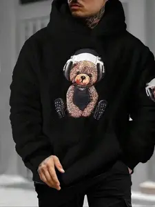Men's Fall Winter Fleece Hoodie with Earphone Bear Print, Long Sleeve Casual Sweatshirt, Cartoon Pattern, H Type Silhouette