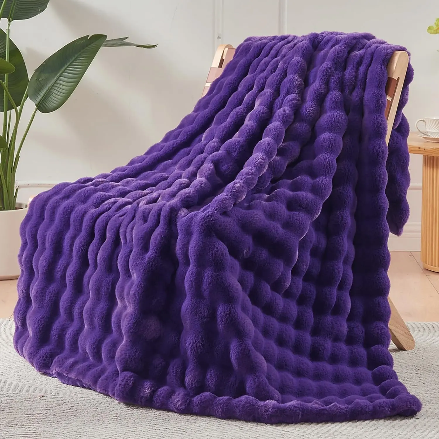 550GSM Faux Fur Bubble Soft Cozy Throw - Thick Warm Fluffy Soft Blanket for Couch, Purple (50"x60"), Soft Blankets