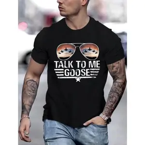 Men's 100% Polyester Casual Seamless Menswear Short-Sleeve Graphic T-Shirt, "TALK to ME GOOSE" Aviation Design, Sunset & Stars Bold Print, Soft Smooth Fabric, Machine Washable, Regular Fit, All-Season Sports & Outdoor Durable Top for Teens