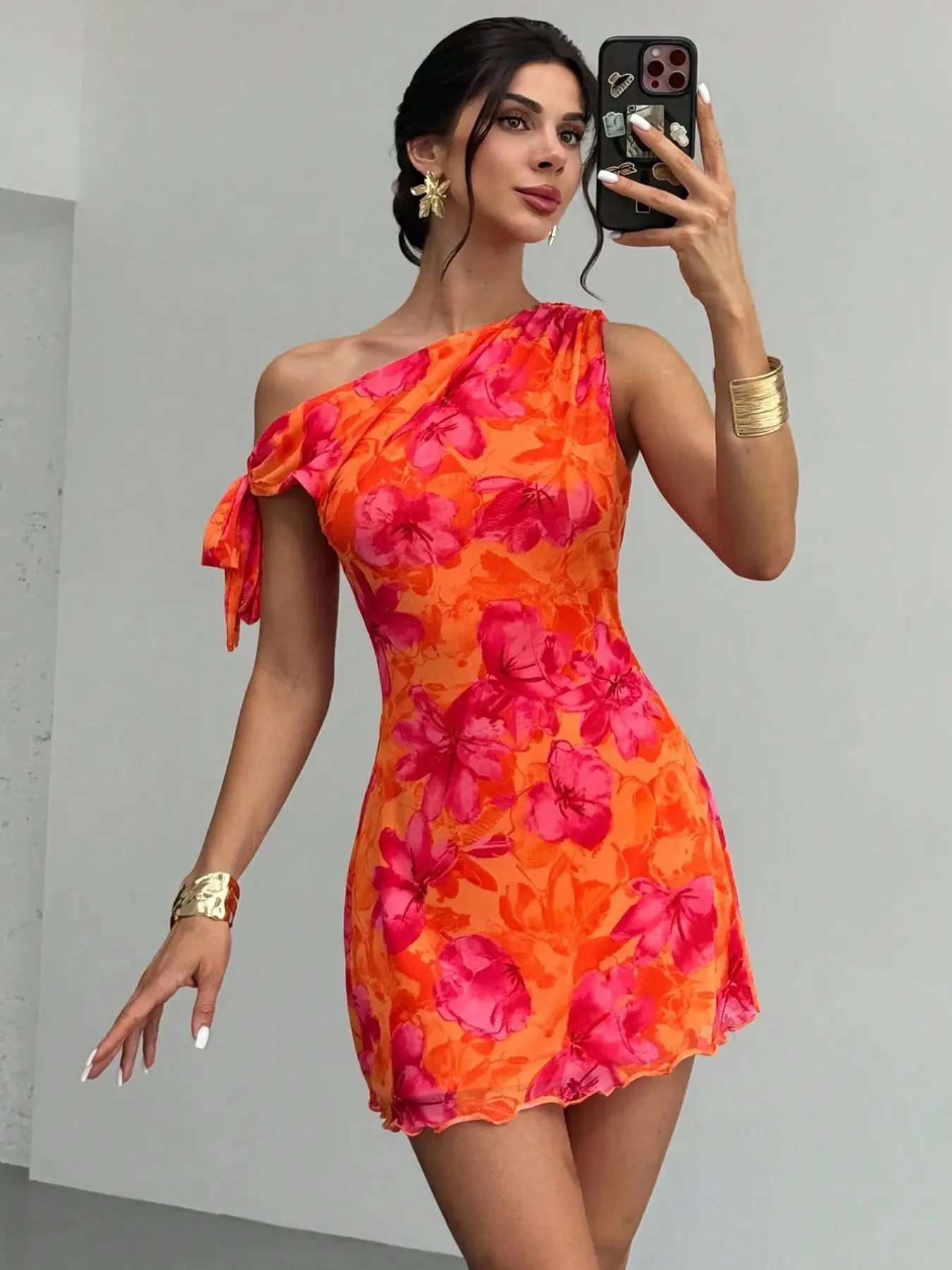 Women's New Sexy Elegant Feminine Vacation Mini Dress, Mesh Floral Printed Asymmetric Neckline, Summer Beach Party Graduation Dance Costume