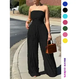 Elegant slim-fit strapless jumpsuit made of pleated fabric, suitable for women’s casual wear year-round, featuring a fashionable backless design, ideal for evening outings. GARMENTARY