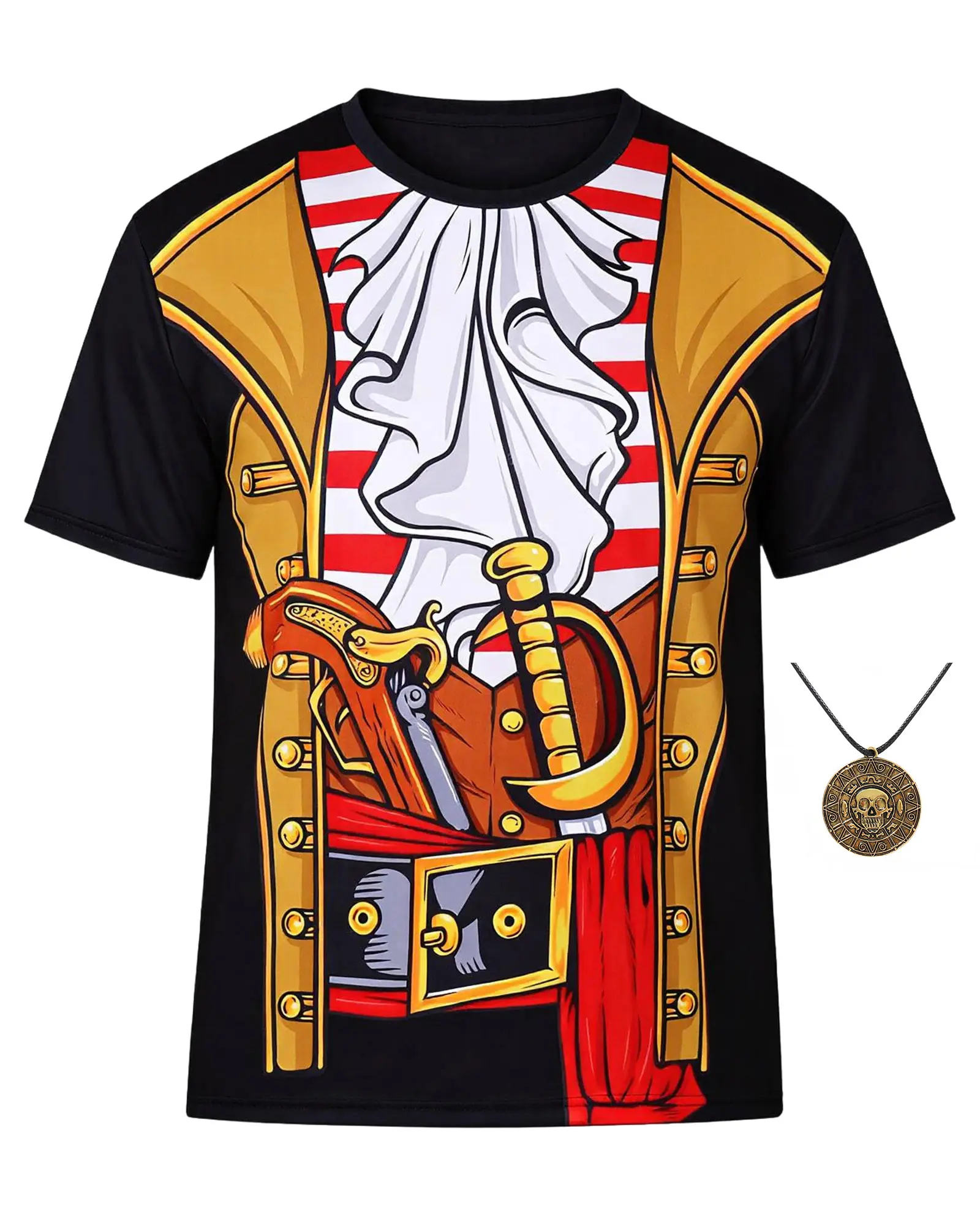 Men's Polyester Pirate Costume Tee - 3D Printed Funny Graphic Short Sleeve Top, Soft Retro Hem, Breathable Casual Garment with Antique Skull Coin Necklace for Halloween Cosplay