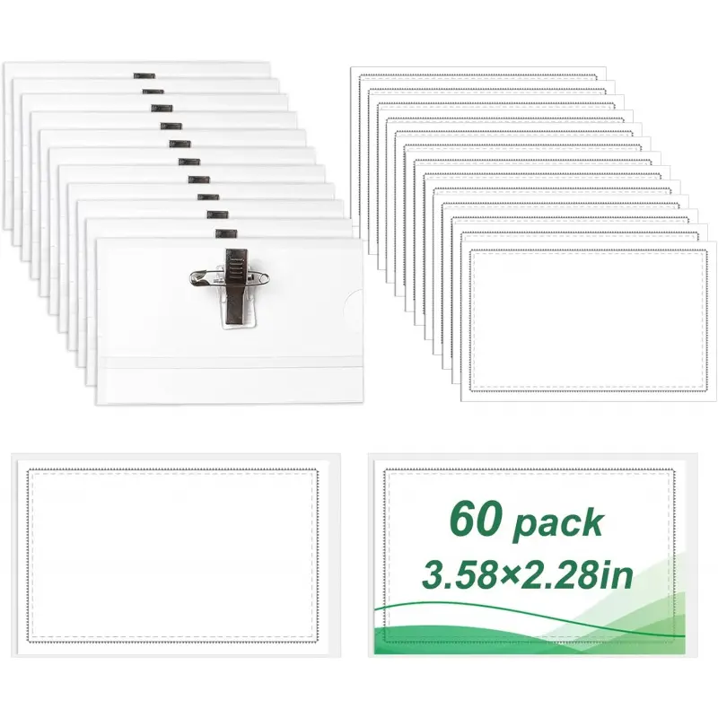 60 Pieces Name Tags with Pins Name Badge Holders Plastic Name Tag Holder with 60 Pcs Inserts Fit Card(3.58x2.28 inch)