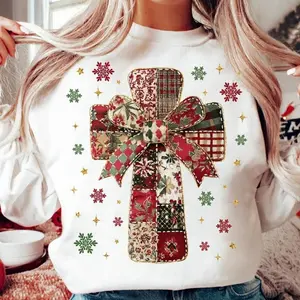 Trendy Patchwork Christmas Cross Shirt, Christian Christmas Cross Sweatshirt, Cross Christmas Shirt, Faith Patchwork Sweatshirt, Christian Christmas Coquette Bow Tee, Nativity Scene Shirt