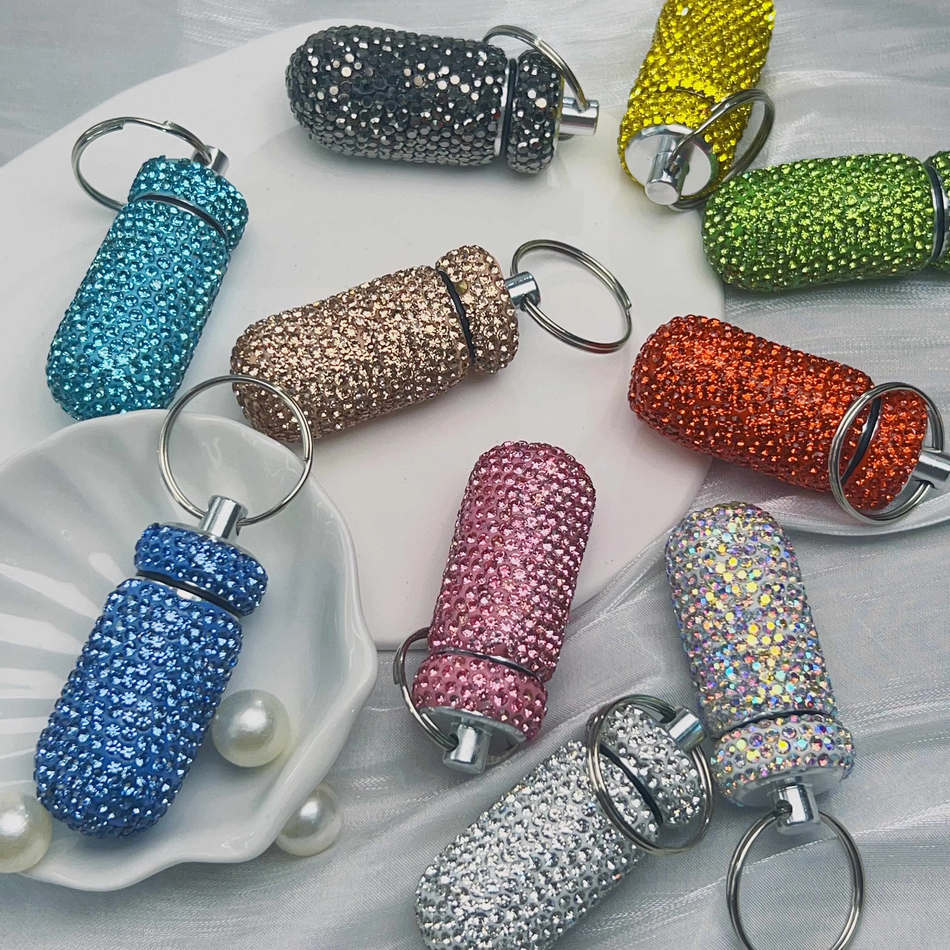 Crystal pill bottle Rhinestone Inlaid Aluminum Pill Bottle, Mini Waterproof Airtight Metal Pill Container, Portable Outdoor Medicine Storage Jar Canister Organiser Tin