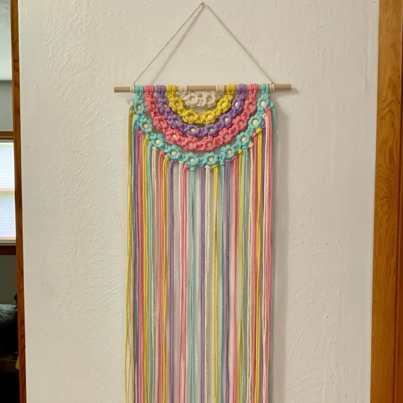 Handmade Large Macramé Spring Floral Rainbow Wall Hanging Boho Home Decor Cottage Core