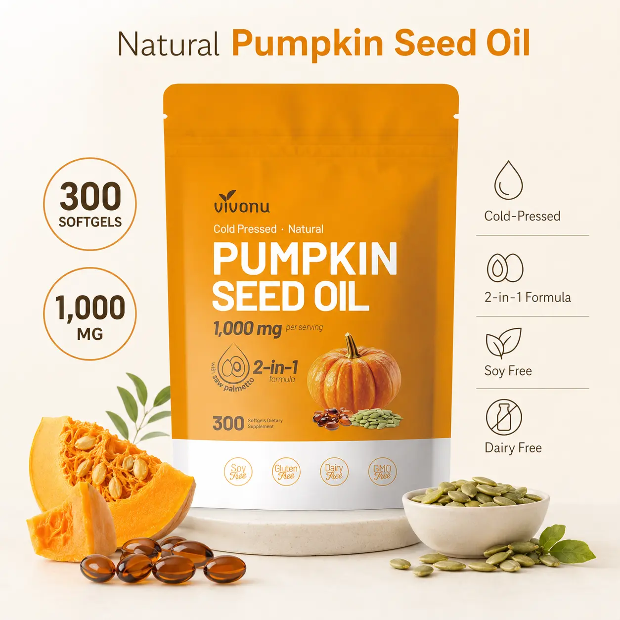 VivoNu Natural pumpkin seed oil and saw palmetto softgel 1000mg high content plant esters 300 capsules SummerVibes