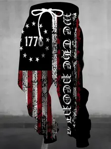 Men's Fashion 3D American Flag Print Waistband Pants with Pockets, Casual Polyester Sportswear