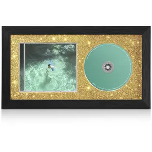 CD Display Frame for CD Case and Discs with Solid Wood, Wall Mounted and Desktop Signed CD Display Frame, Glitter Shining Black Style, 7.9"x14.3"