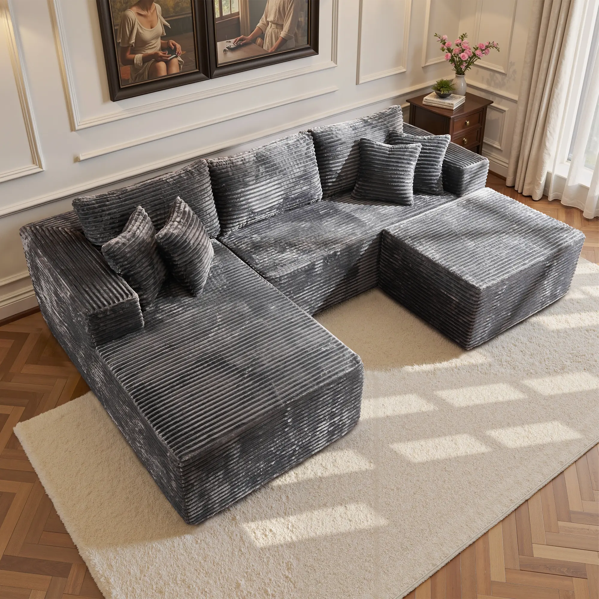 108" Grey L Shape Sofa Left Chaise With Ottoman