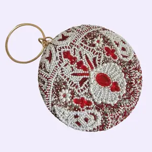 Exquisite Handcrafted Beaded Circular Clutch - Elegant Evening Bag with Floral & Geometric Patterns, Red & White Seed Beads, Faux Pearls, and Faceted Gems
