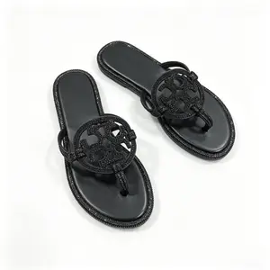 Black Crystal Embellished T-Strap Flat Sandals for Women Elegant Summer Slides
