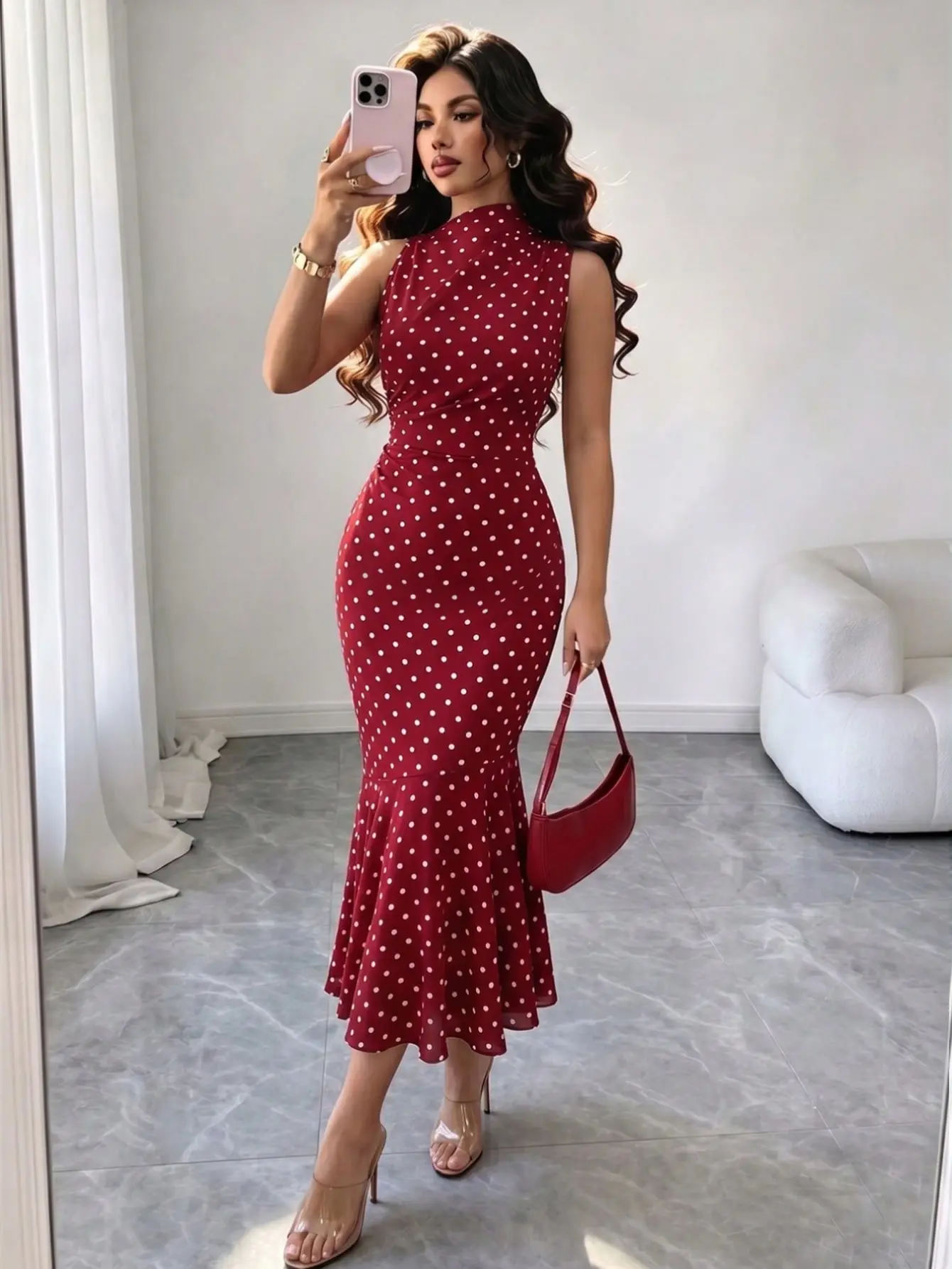 Women's Elegant Red & White Polka Dot Slim Fit Bodycon Mermaid Dress,Summer Holiday Dining Date Outfit,Casual Urban Elegant New Arrival Women Dress
