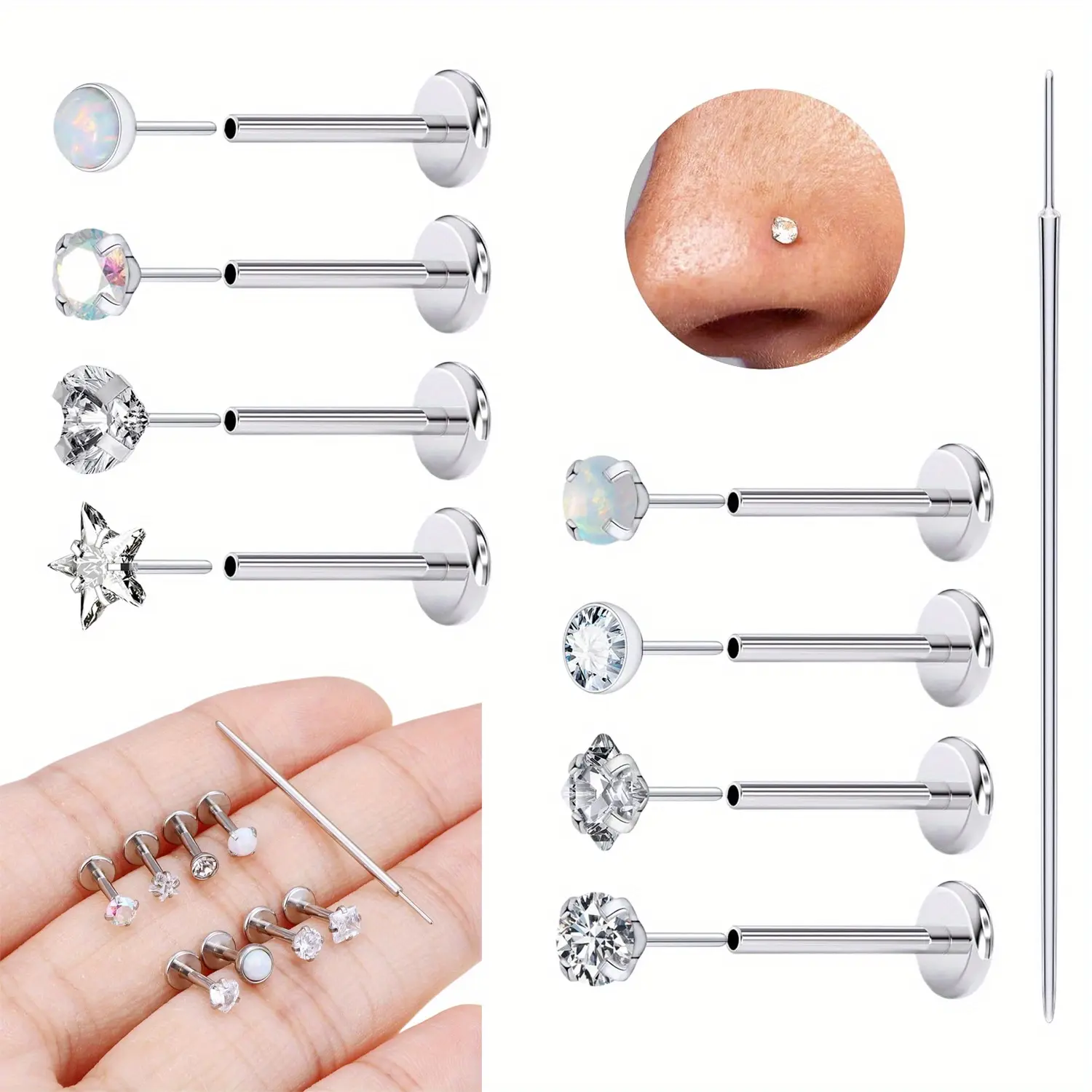 9 Pcs Diamond Flat Nose and Lip Nail Set Flat Back Nose Stud Hypoallergenic Nose Piercing Lip Studs Fashion Accessories