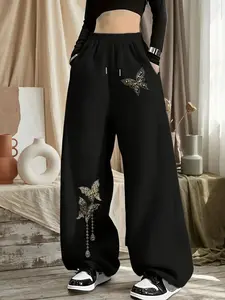 Butterfly Print Wide Leg Sweatpants, American Luxury Casual Sport Pants, Loose-Fitting Winter Fashion, Casual Sportswear Pants