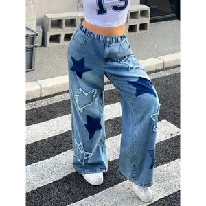 Girls' Star Pattern Wide-Leg Jeans -- Comfortable Loose Denim Fabric, Elastic Waistband, All-Season Versatile, Suitable for Ages 8-15