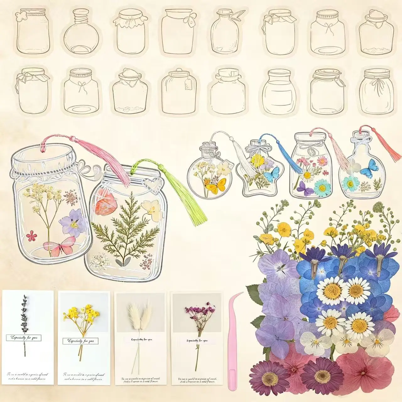 66 Pcs DIY Transparent Dried Flower Bookmark Set Handmade DIY Bookmarks with Dried Pressed Flowers Leaves Butterfly Stickers Colorful Tassels and Tweezers for Reader Writer,Bookmark Crafts,NatualFlower Bookmarks,Perfect Gift Idea，foryou fyp，pattern clear