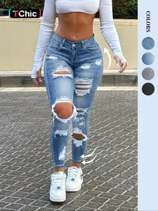 Women's High Elasticity Tight-Fit Medium Wash Cotton Denim Jeans, Streetwear Street Style Ripped Long Pants, Y2K Skinny Stretch Casual Trousers