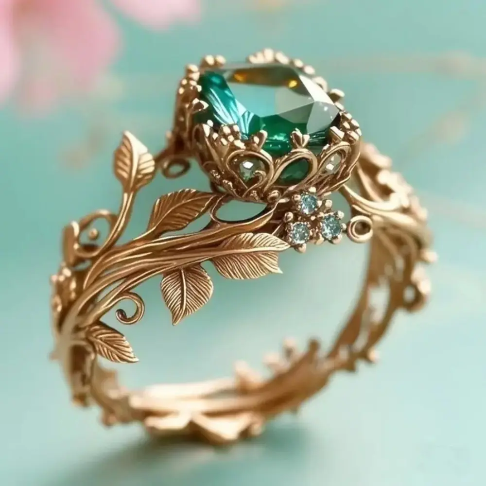 Unisex Alloy Vintage Tribal-Style Ancient Totem Ring - Antique Gold, Green Crystal-Inlaid Leaf-and-Vine Design, 3 Color Options, Retro Fantasy Charm for Daily Wear, Cosplay (Home Hanging Decor Jewelry), Three Color Options