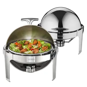 VEVOR Roll Top Chafing Dish Buffet Set,  6 Qt 2 Pack, Stainless Steel Chafer with 2 Full Size Pans, Round Catering Warmer Server with Lid Water Pan Stand Fuel Holder, Each Classic Cookware