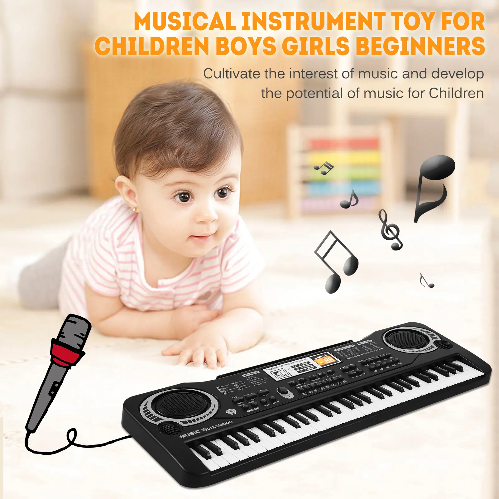 Kids' 61-Key USB-Powered Electronic Organ with Microphone, 16 Tones, 10 Rhythms, 6 Demo Songs, Built-in Stereo Dual Speakers, Multifunction Music Learning Toy for Children's Music Intelligence Development