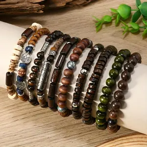 10Pcs/Set Random Men's And Women's Bohemian Style Fashion Wooden Beaded Bracelet, Couple Bracelet Combination Hand String Gift Handmade Beaded Chain Set