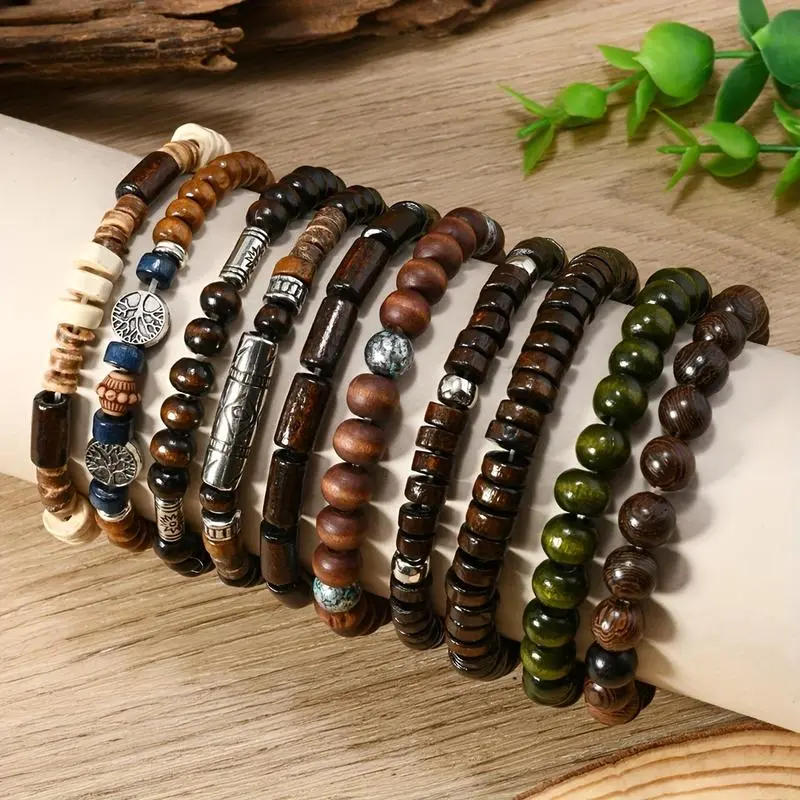 Bohemian Beaded Bracelet Set, 10-Piece Wooden Stackable Fashion Jewelry for Women and Men, Handcrafted Gift, Beaded Bracelets & Bangles
