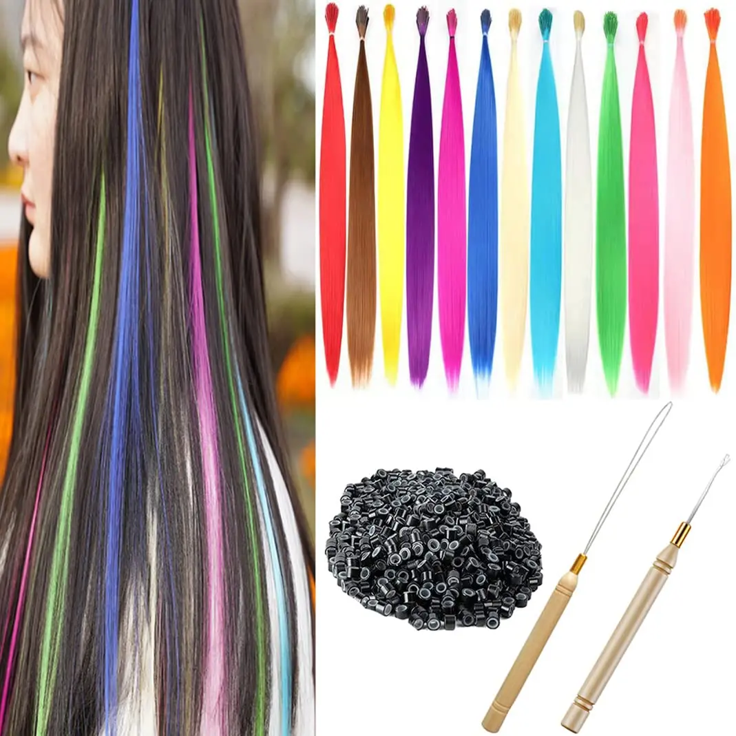 Rainbow Feather-Style Hair Strands, 20 Inch Synthetic Fiber Hair, 13-Piece Kit with 50 Micro Beads & 2 Hooks for Party Wear & Activity, Synthetic Fiber Extensions, Hair Beauty Or Extension