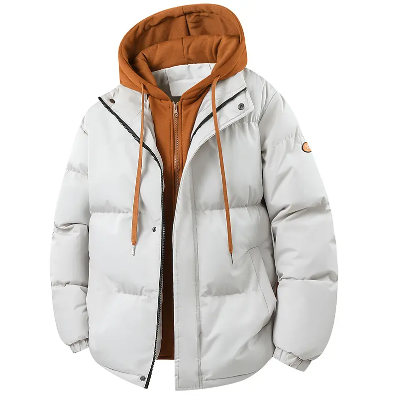 Men's Tan Down Jacket with Colorblock Lining & Hooded Design for Enhanced Warmth in Winter Outdoor Activities