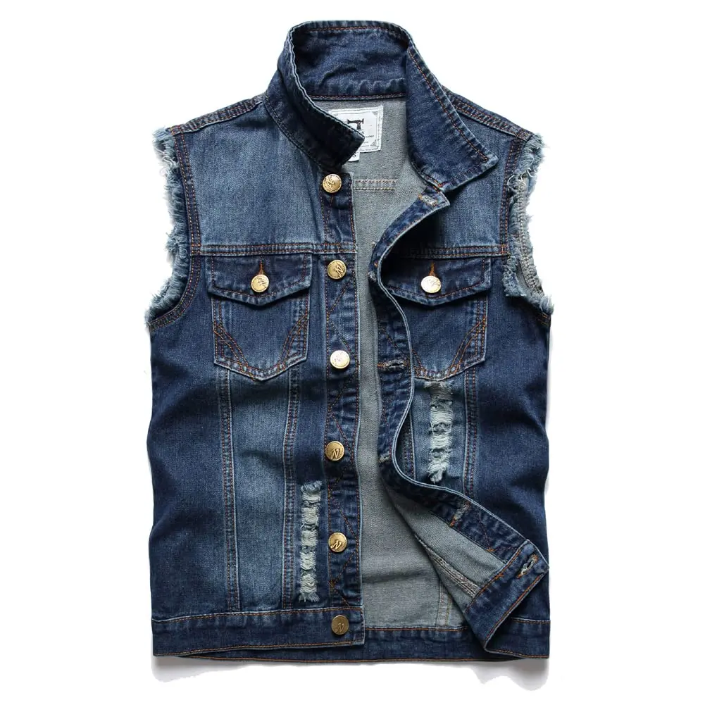 Men's Cotton Denim Buttoned Vest Waistcoats & Gilets - Sleeveless Slim Fit Vintage Casual Ripped Menswear Tops with Durable Fabric, Open Vest Waistcoats & Gilets