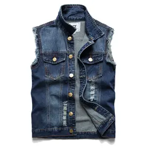 Men's Denim Vest Sleeveless Jacket Slim Fit Vintage Casual Ripped Jean Vest for Men