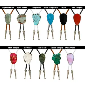 Gemstone Bolo Tie Braided Vegan Faux Leather Natural Stone Silver Tips Handmade Necklace Adjustable Black White Boho Bohemian Western Jewelry