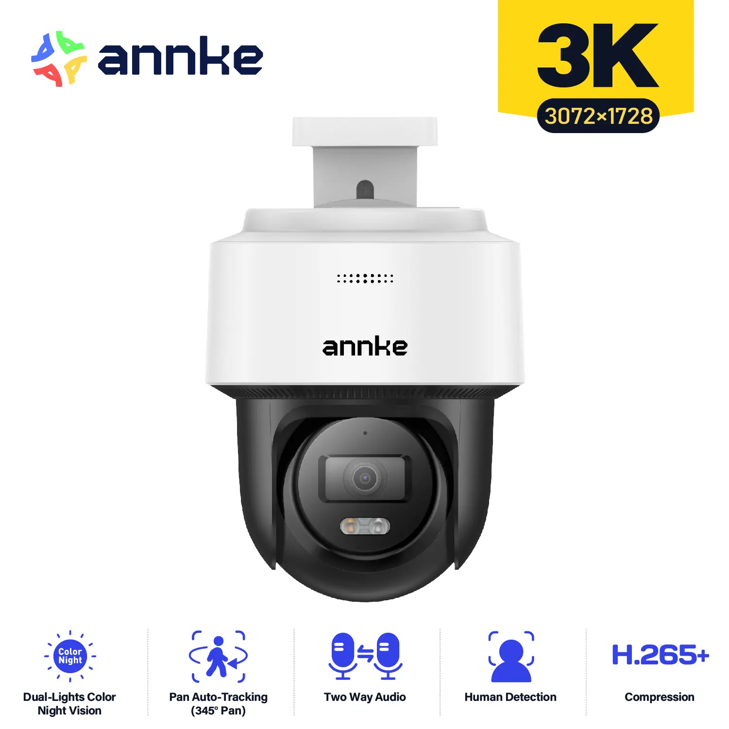 ANNKE 3K Mini PT Speed Dome PoE Security Camera, Smart Dual Light Night Vision, 345° Pan & 80° Tilt, Human Detection & Auto-tracking Lite, Two-Way Audio, 3072x1728@20fps Speaker Microphone