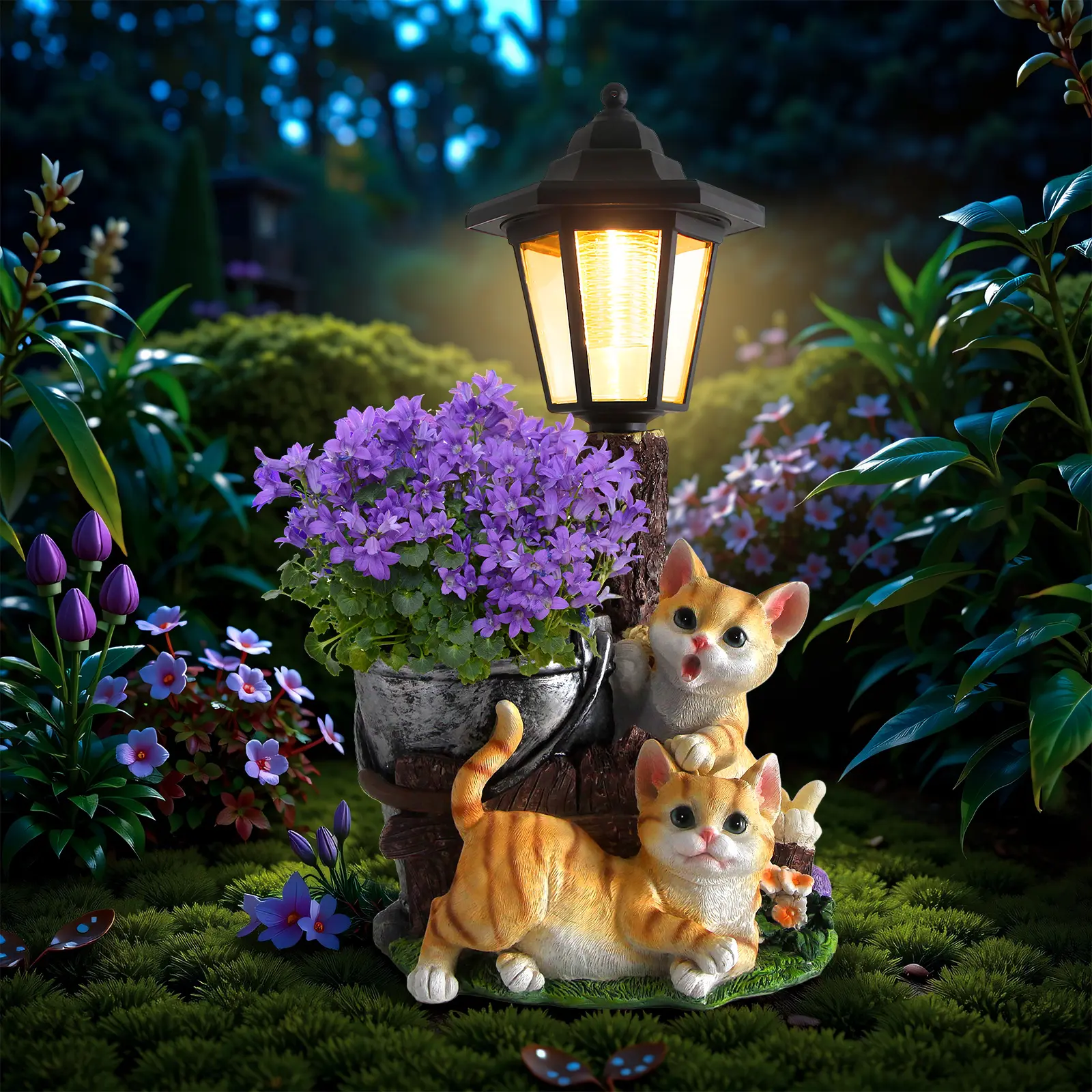 Solar Cat Garden Statues Outdoor, Cute Cat Figurines Flowerpot Decor with Solar Powered Light for Yard Art Lawn Ornaments Porch Patio (No artificial flowers) Yard Lighting, Solar Landscape Lights, Garden Decorative Light