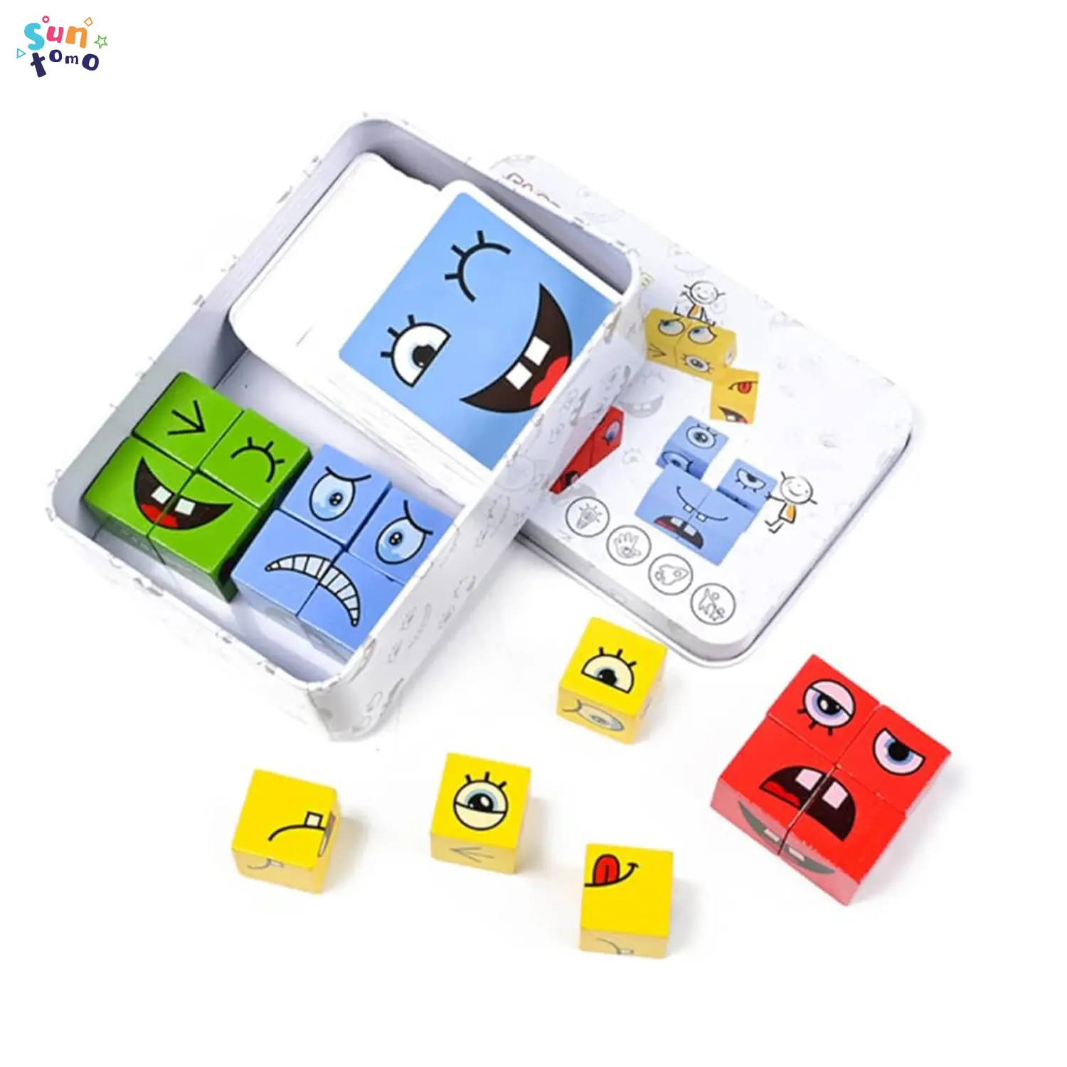 Suntomo Wooden Expressions Matching Block Puzzles Building Cubes Toy, Portable Face Changing Cube Building Cubes, Parent-Child Board Educational Montessori Toys for Kids Ages 3+ and Adults