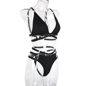 SUMMERIDOL Women's Sexy Strappy Lingerie Set – 2-Piece Harness Bra and High-Waisted Panty with Metal Ring Detail – Adjustable BDSM-Inspired Lingerie