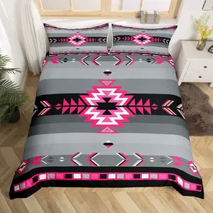Feelyou Tribal Pattern Decorative Duvet Cover - Queen Size Southwest Native American Bedroom Bedding Set, Microfiber Bed Set with Geometric Rose Pink Grey Black Design, Machine Washable Duvet Cover (No Comforter)