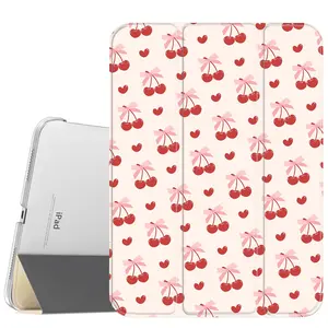 Cherry Bow Leather Tablet Case with Pencil Holder, Slim Stand Cover for 2025 A16, Air 6, Mini 6 & Samsung Galaxy Tab S9, Soft Translucent Frosted Back, Magnetic Protective Durable Microfibre Tablet Accessory