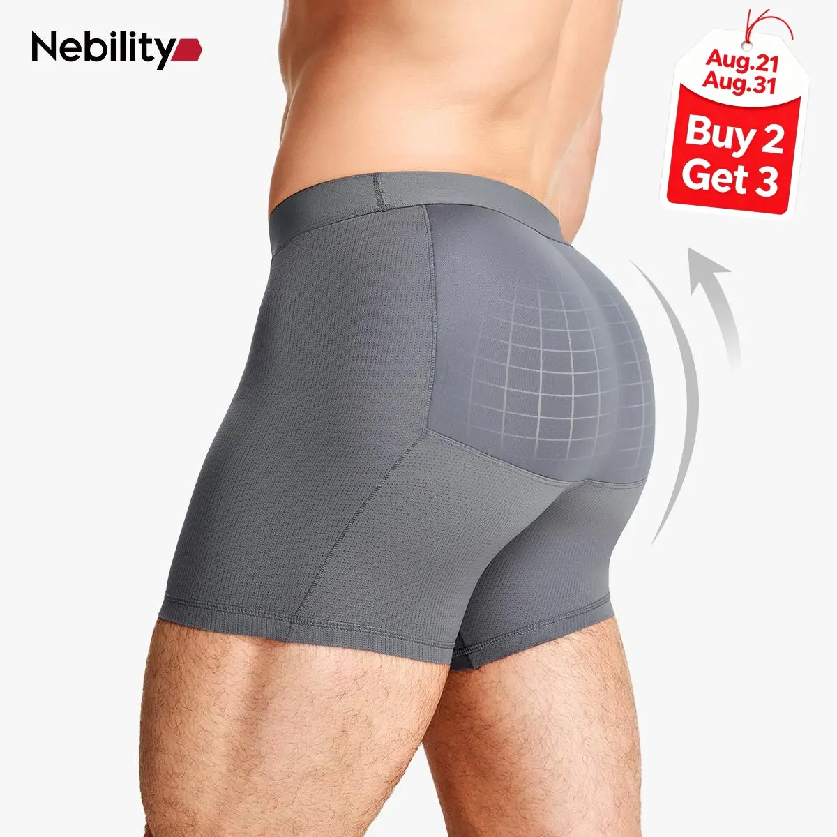 【Nebility】Men's Upgraded 3D Butt Lift Shapewear Boxer Briefs, Built-in Fixed Hip Pads (Non-Removable), Compression Underwear with High Elastic Waistband, Breathable Moisture-Wicking Fabric for Daily Wear