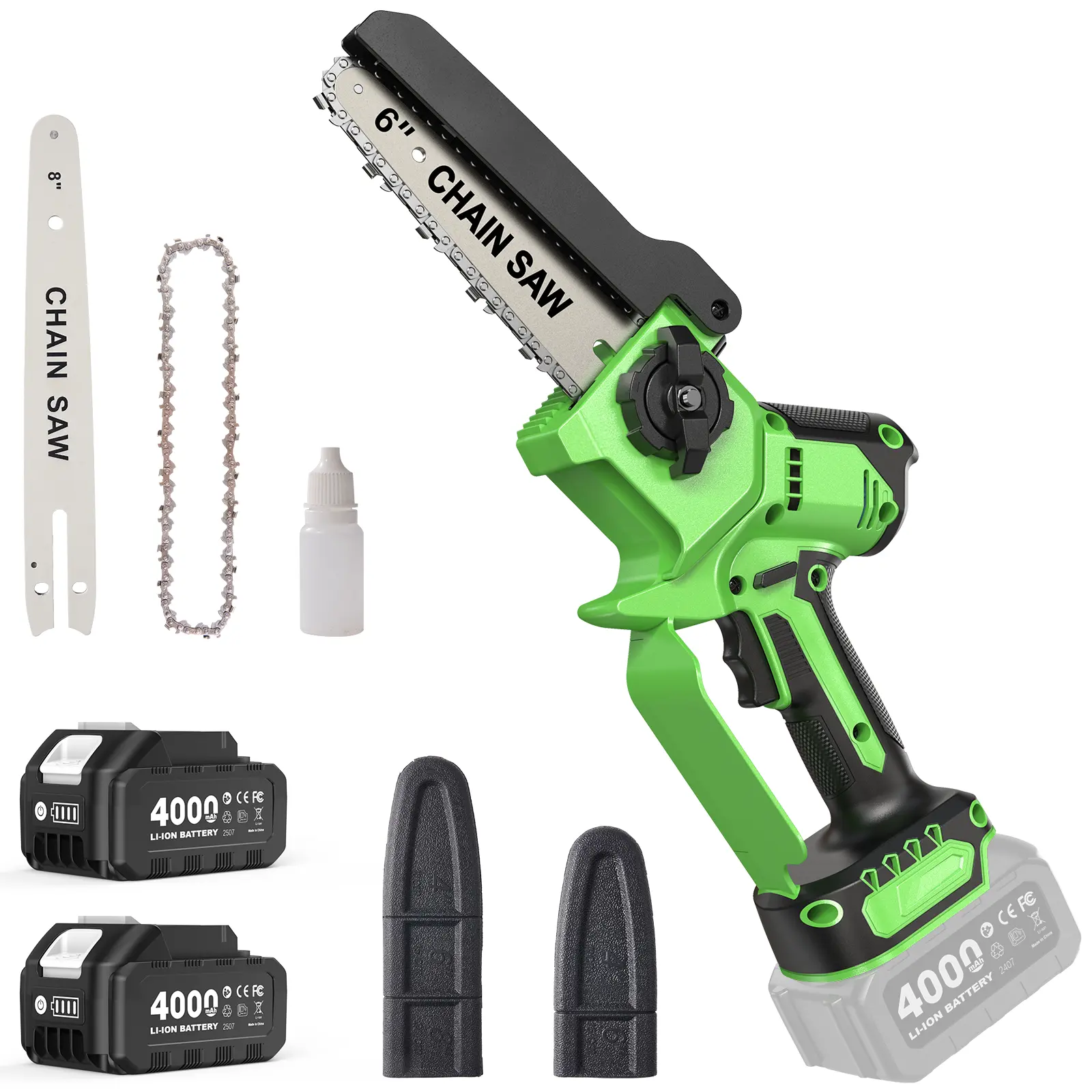 [Mini Chainsaw With Batteries] Taskstar 8 Inch Battery Mini Chainsaw, One-Handed Pruning Saw With 2pcs 4000mAh Batteries, 8&6-inch Guide Plates, Automatic Oiler and Tool-Free Chain Tension For Wood Cutting, Branches Trimming