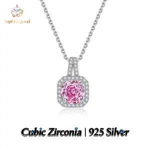 925 Sterling Silver Pink Rose Cut Square Pendant Necklace Set With Full Cubic Zirconia Stones  5A Cubic Zirconia Women’s Light Luxury Collarbone Necklace for Commuting  Dates  and Weddings