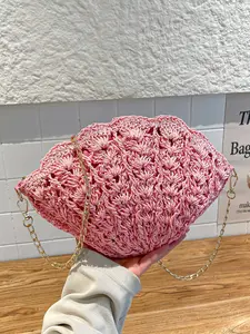 Women's Shell Zipper Closure Woven Grass Bag, Essential Beach Accessory for Vacations & Holidays, Fashionable Summer Straw Crossbody Shoulder Bag