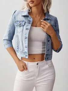 Women's Y2K Denim Jacket, Light Blue Washed Bubble Shoulder Short Seven-Quarter Sleeve, Stylish Casual Outerwear Coats for Daily Wear, Fashion