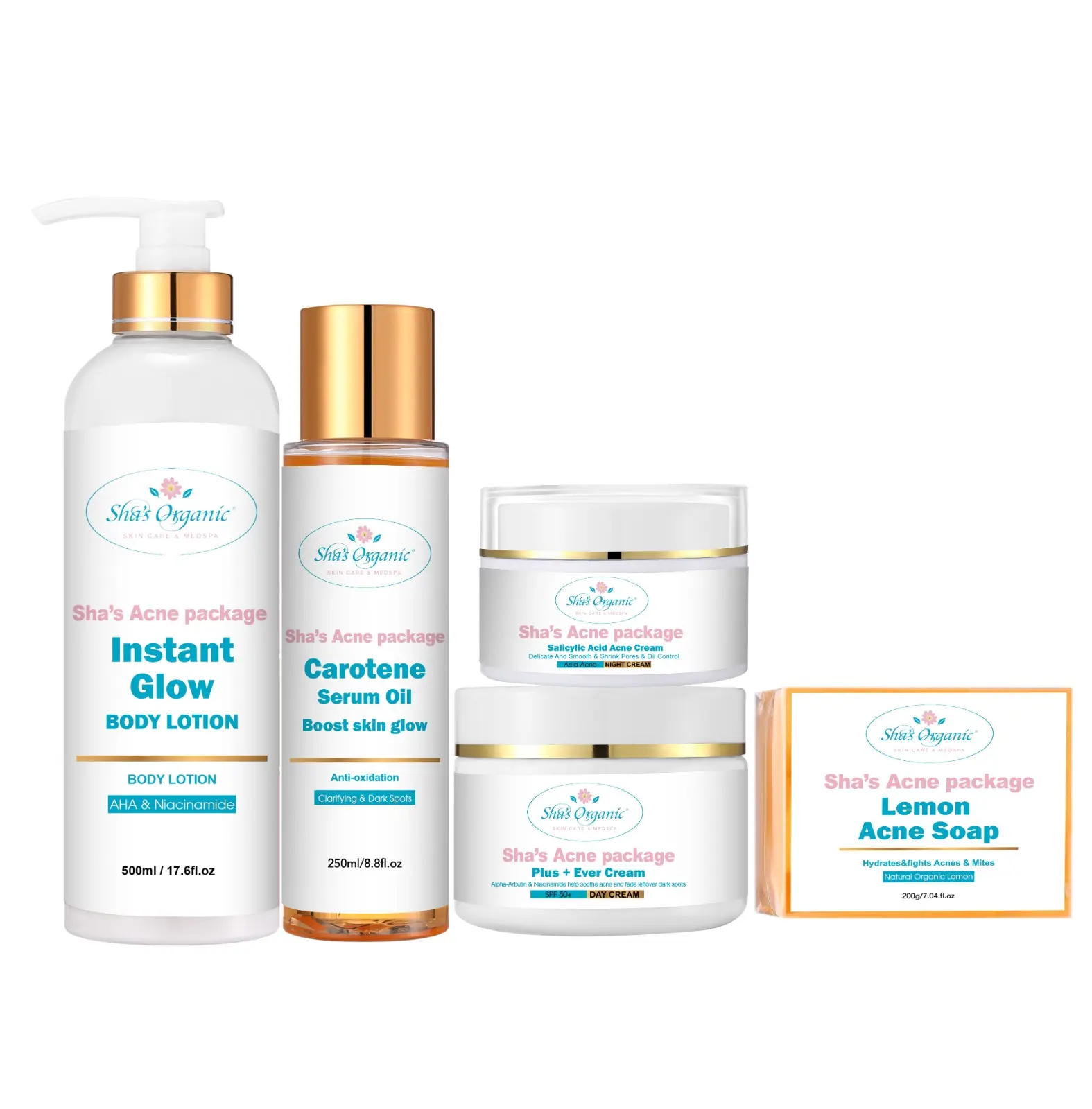 Sha's Organic Skincare Acne Care Liquid Pore Cleansing Multi-Pack - Normal & All Skin Types Kit with Salicylic Acid, Beta-Carotene for Blemishes & Blackheads, Pimple Treatment, Skin Repair Daily Care