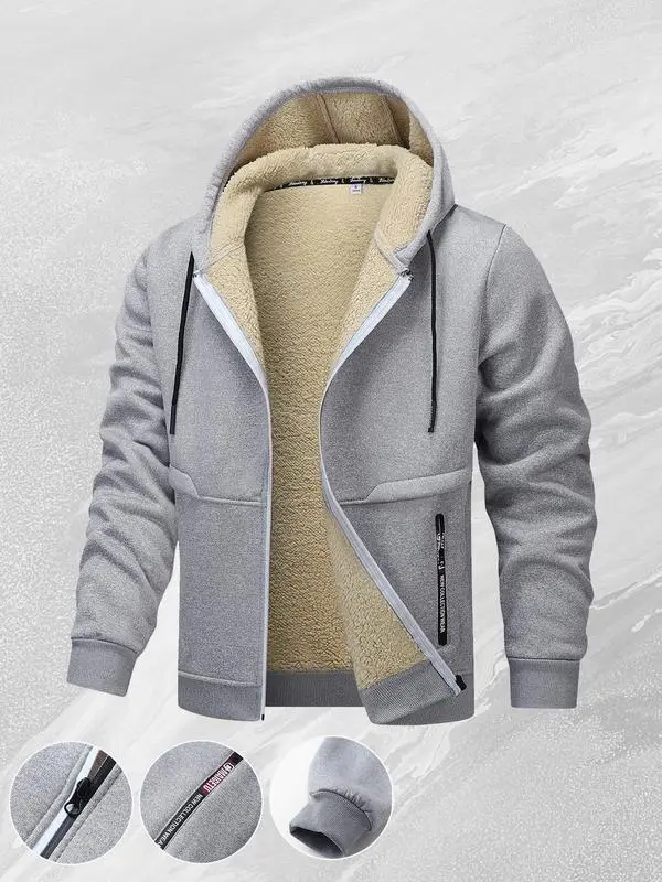 Men's Classic Navy Blue Fleece-Lined Windproof Hooded Jacket with Full Zipper, Adjustable Hood, and Denim Pairing
