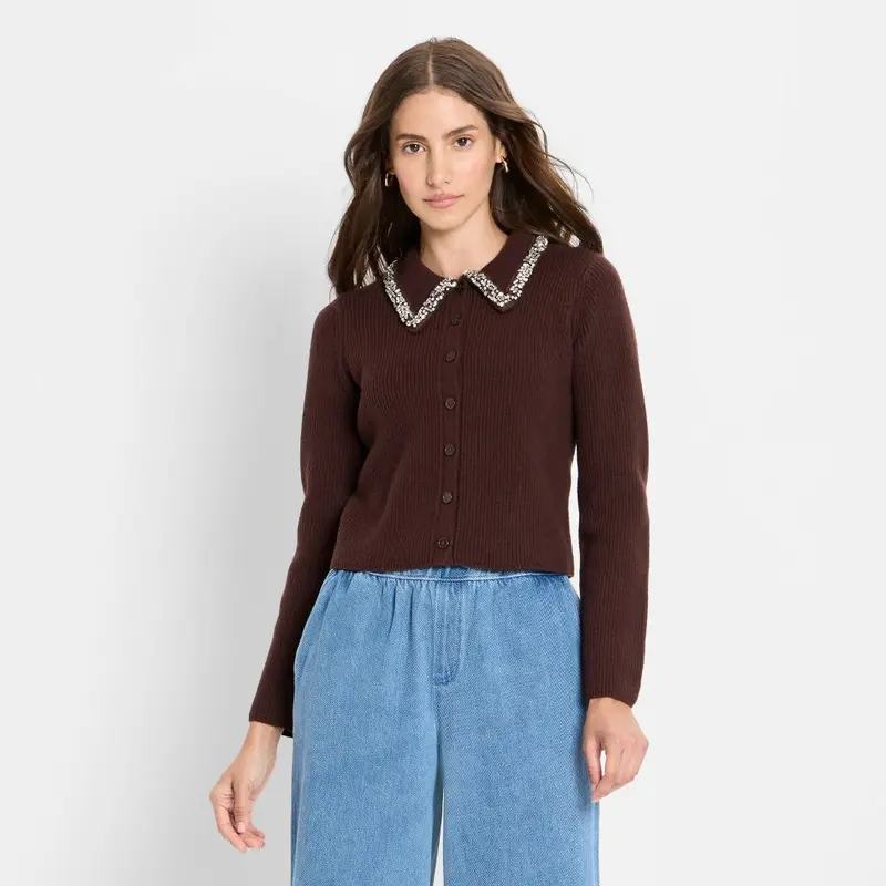 Women's Basic Embellished Collar Knitwear Cardigan Sweater - Polyester, Nylon, Viscose Blend - Future Collective