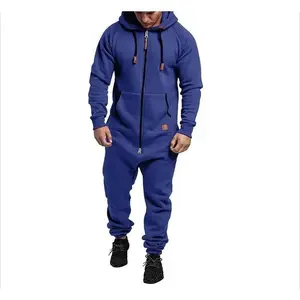 Men’s Hooded Fleece Jumpsuit - Color Block, Casual & Comfortable, Stylish One-Piece Set Menswear Overalls