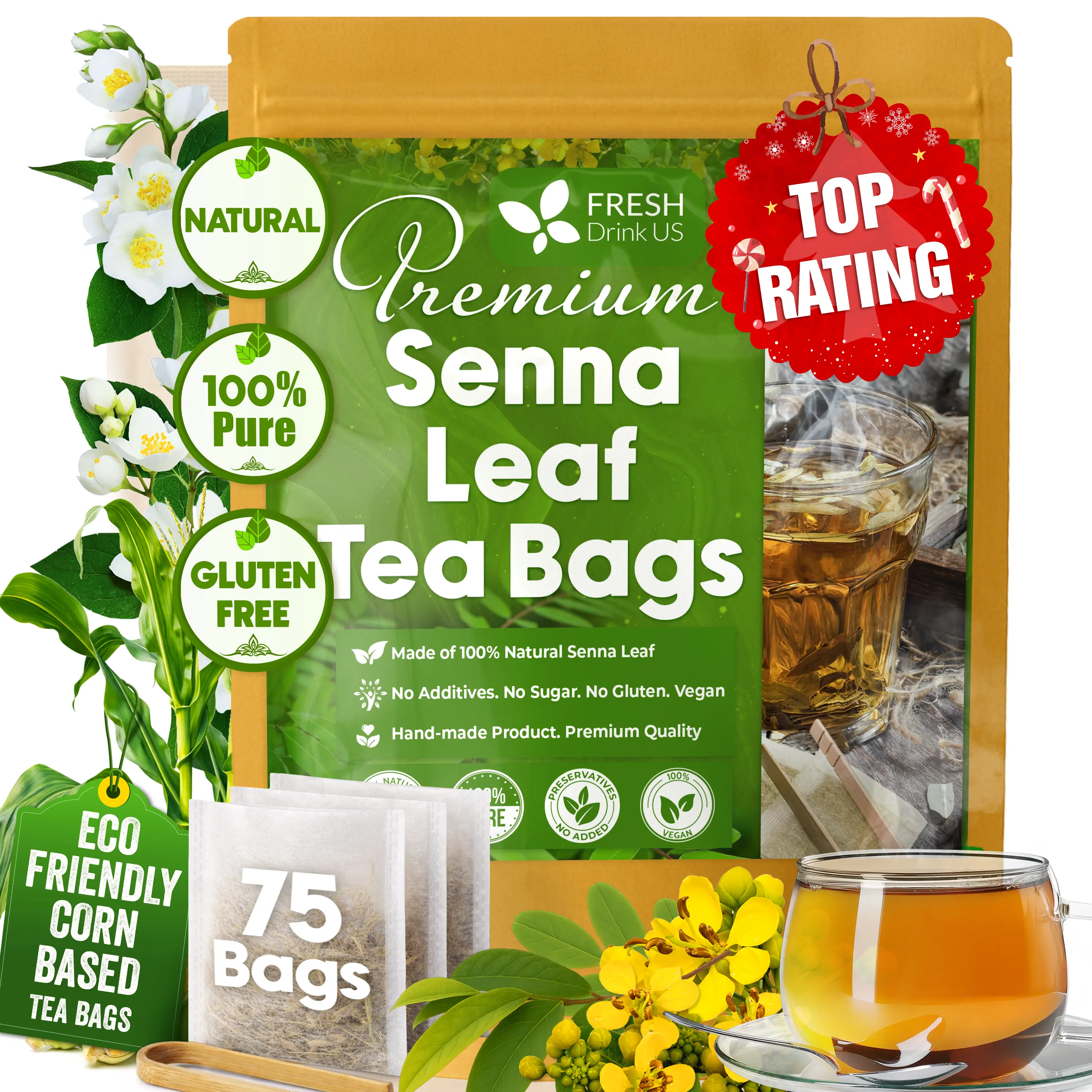 【FreshDrinkUS】 Senna Leaf Tea Bags, 100% Natural & Pure from Senna Leaves. Loose Leaf Senna Herbal Tea, Made with Natural Material Tea Bags, Senna Leaf Tea. No Sugar, No Caffeine, No Gluten, Vegan. Beverage