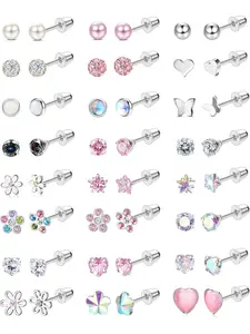 Mother's Day Gift 24Pairs Hypoallergenic Post Earrings for Girls Women - Screw Back Earring Cute Kids Baby Toddler Earrings 4mm Tiny Screwback Flat Back Stud Earring Set Age: Over 3 Years Old