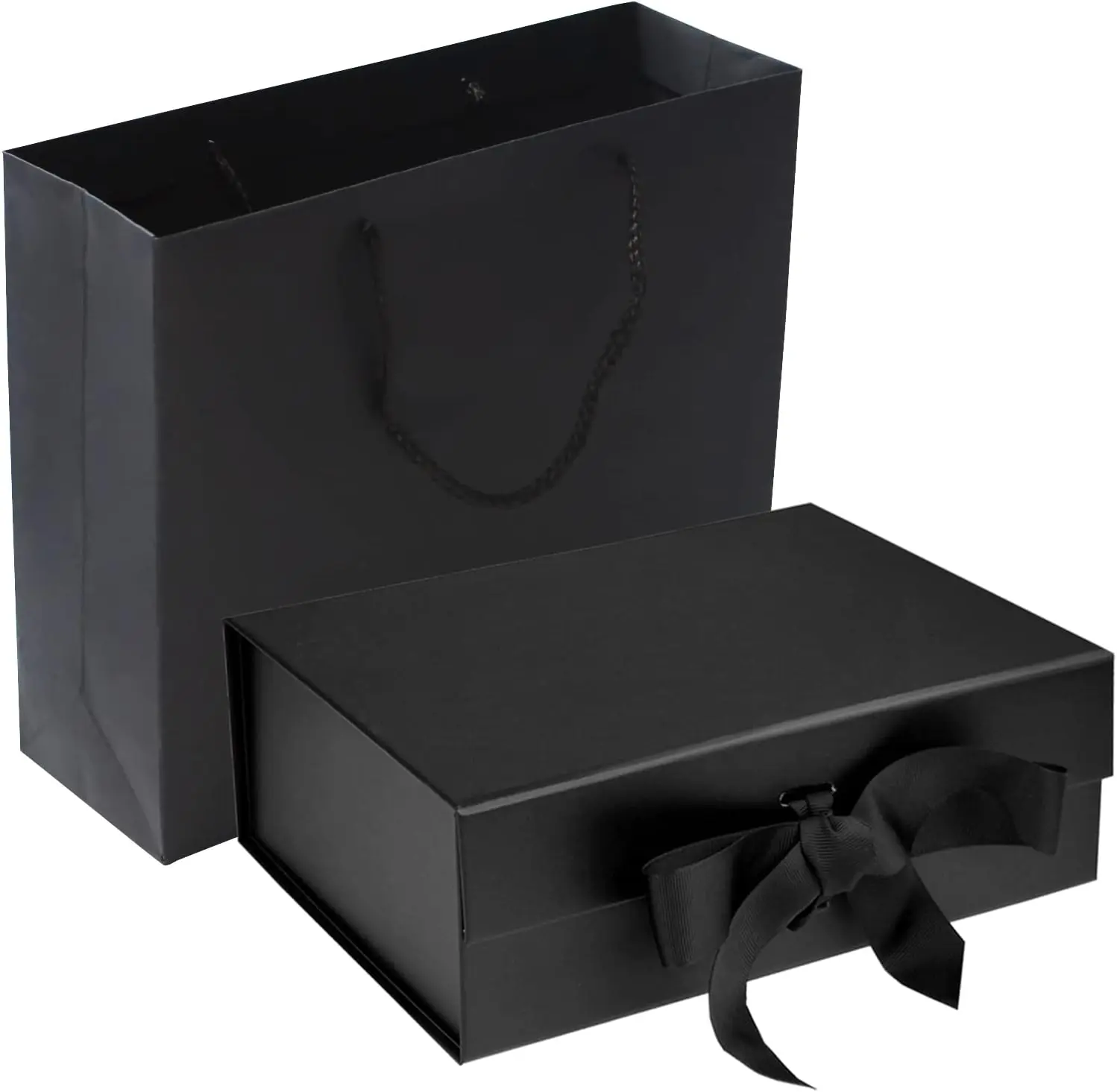 Black Luxury Party Gift Packs Box with Lid, Ribbons and Bag, Medium Size-9.4x7x3 Inches, Peel-Open-Glue Simple DIY Setup for Christmas, Weddings (Luxury Look for Men)